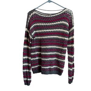 Napa Girls Sweater Women Sz L Made in Italy Crochet Open Weave Silver Pink White